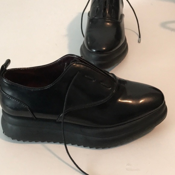 ZARA BLACK Derby Oxford Platform Faux PATENT LEATHER SHOES Size 5/EU36 NWOT - Picture 1 of 16